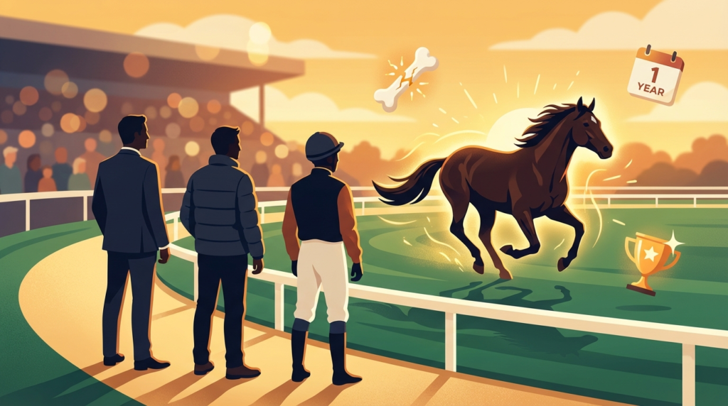 夕暮れの競馬場でオーナー・調教師・騎手の三者がソンシの復活を見守る感動のフラットイラスト｜阪急杯2026コースレコード勝ち・信念の復活劇