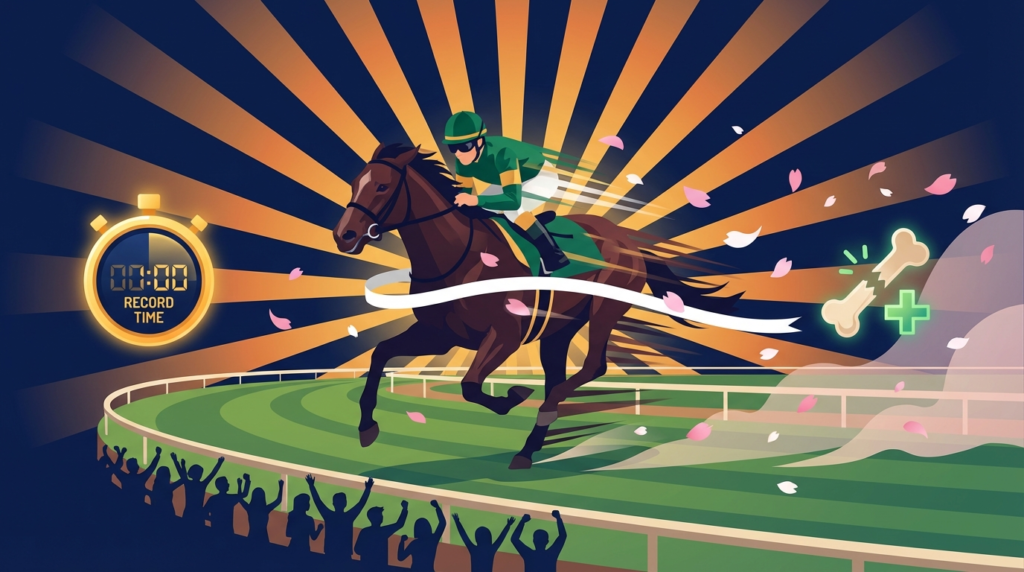 骨折から復活した競走馬ソンシが阪急杯でコースレコードを叩き出す瞬間のダイナミックなフラットイラスト｜藤田晋オーナー所有馬の感動の重賞初制覇2026年