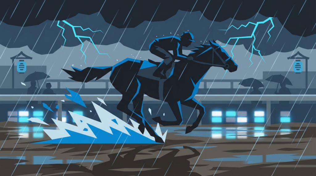  雨の重馬場を力強く走る競走馬のイメージイラスト・2月25日地方競馬道悪予報