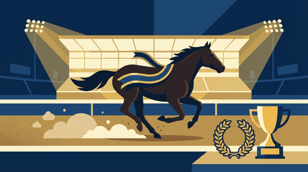 NARグランプリ2025年度代表馬ディクテオン受賞を祝う地方競馬表彰式イメージイラスト