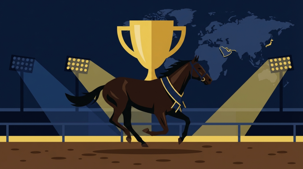 NARグランプリ2025年度代表馬ディクテオンの東京大賞典制覇からドバイワールドカップ挑戦までを描いたイメージイラスト