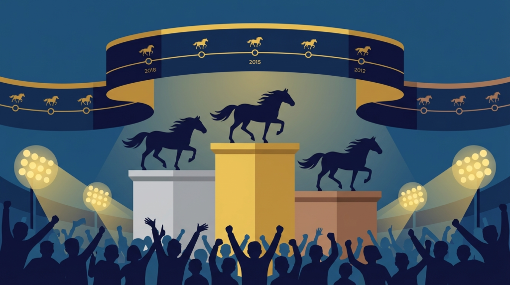  NARグランプリ歴代年度代表馬の栄光の歴史を表すトロフィーと競走馬のイメージイラスト