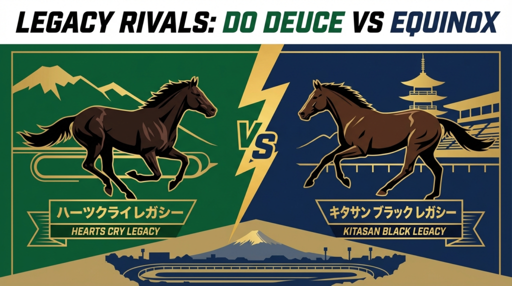 ドウデュース産駒とイクイノックス産駒の血統・特徴・距離適性を徹底比較する2026年ライバル対決イラスト