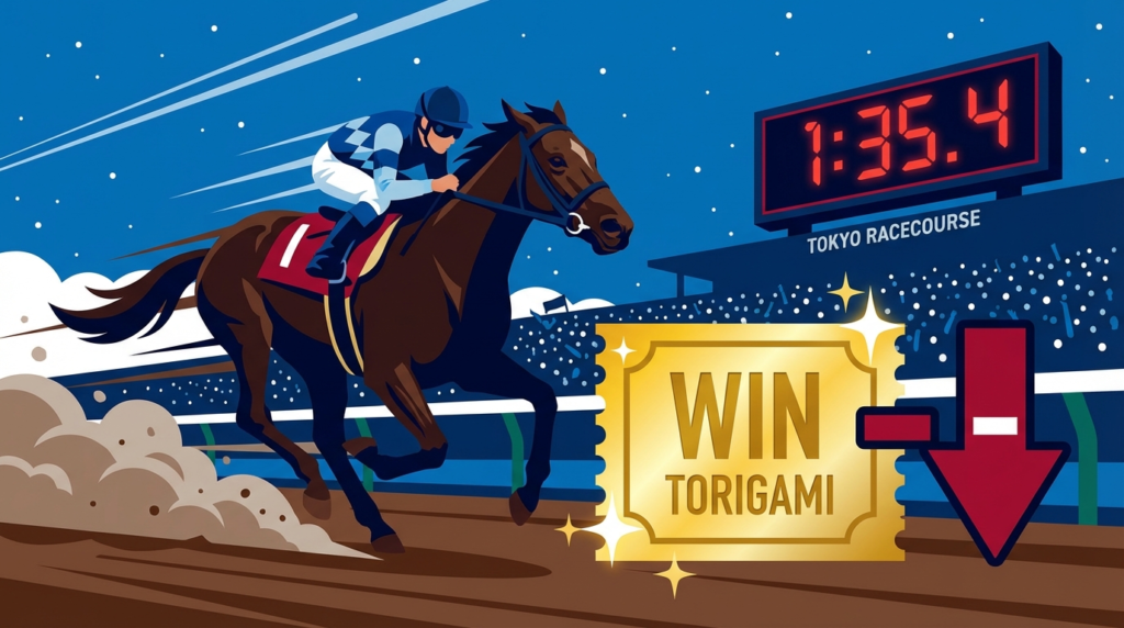 東京競馬場のダートコースを疾走する競走馬と的中馬券にトリガミの赤矢印が重なるフラットイラスト｜フェブラリーステークス2026コスタノヴァ連覇・トリガミ回避馬券術