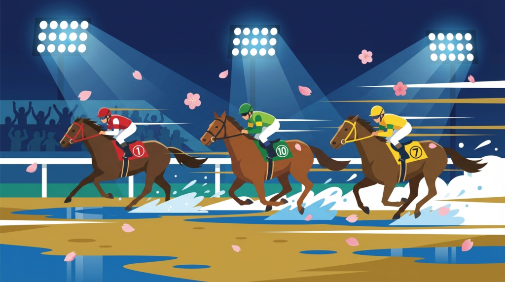 浦和競馬2月27日・如月特別メインレース予想イラスト｜夜の浦和ダートコースを疾走する馬たちのイメージ