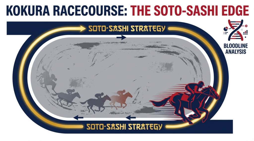 2026年冬の小倉競馬場・開催後半における外差し馬場バイアスと穴血統を解説したイラスト。外ラチ沿いを抜けるジョッキーのシルエットと血統分析アイコンを表現。