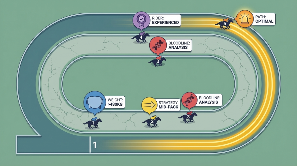 2026年冬・小倉競馬場 芝1200mで先週まで好走した穴馬5つの共通点（馬格・脚質・血統・騎手・枠順）を示したインフォグラフィック風イラスト