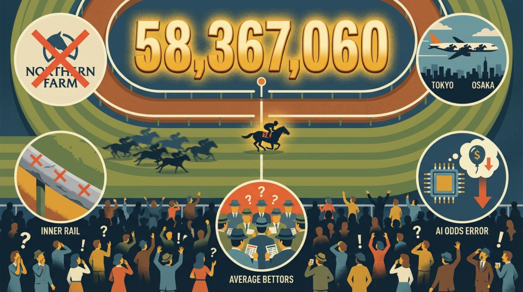 冬の小倉競馬がなぜ荒れるかを示すインフォグラフィック風イラスト。JRA史上最高3連単5836万円の配当と、荒れる5つの構造的理由（ノーザンF不在・騎手流出・コース荒れ・AI歪み・能力均衡）を表現。