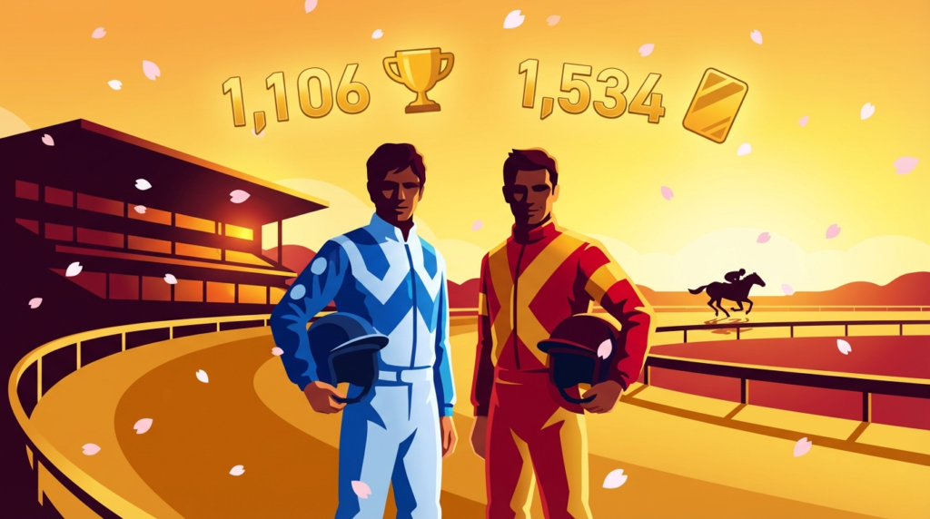 夕暮れの競馬場で2人の騎手が並び立ち通算勝利数と調教師免許が浮かぶ感動的なフラットイラスト｜藤岡佑介・和田竜二2026年2月28日引退・調教師転身完全記録