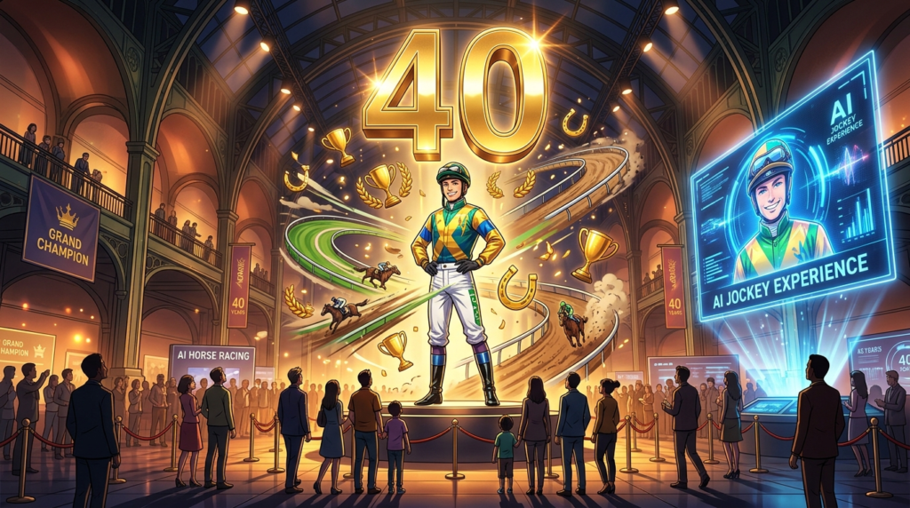 京都高島屋で開催中の武豊デビュー40年展のイメージイラスト。華やかな展示ホールに佇む騎手のシルエットと、AI武豊のホログラムが輝いている