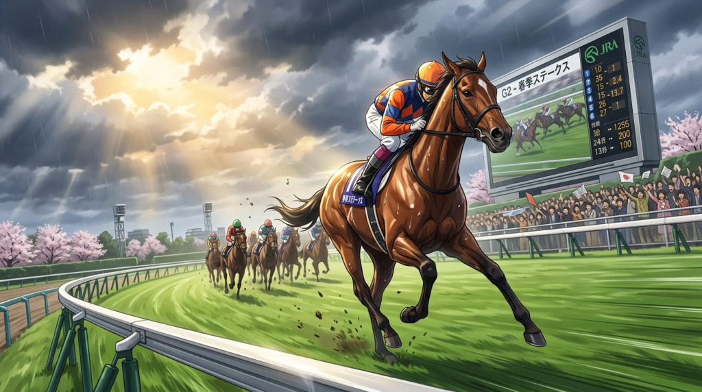 中山記念2026のイメージイラスト。開幕週の良馬場で内回りを先行する競走馬と騎手が躍動的に描かれており、ストームバード系血統の力強さを象徴している