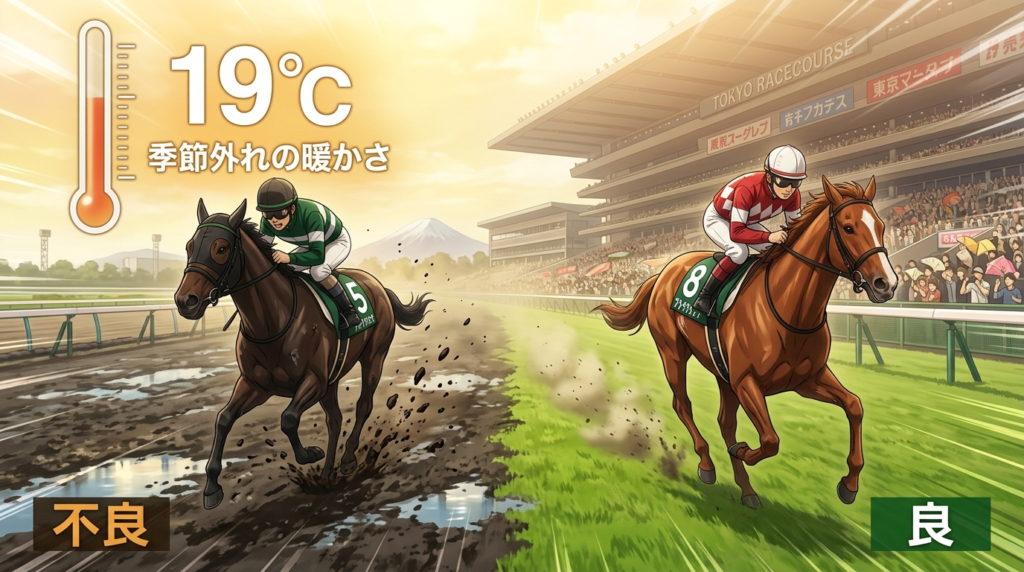 2月28日中山競馬のイメージイラスト。気温19度の春めいた陽光の下、重馬場から稍重へ変化するトラックで先行馬を差し馬が猛然と追い上げる躍動的なシーン