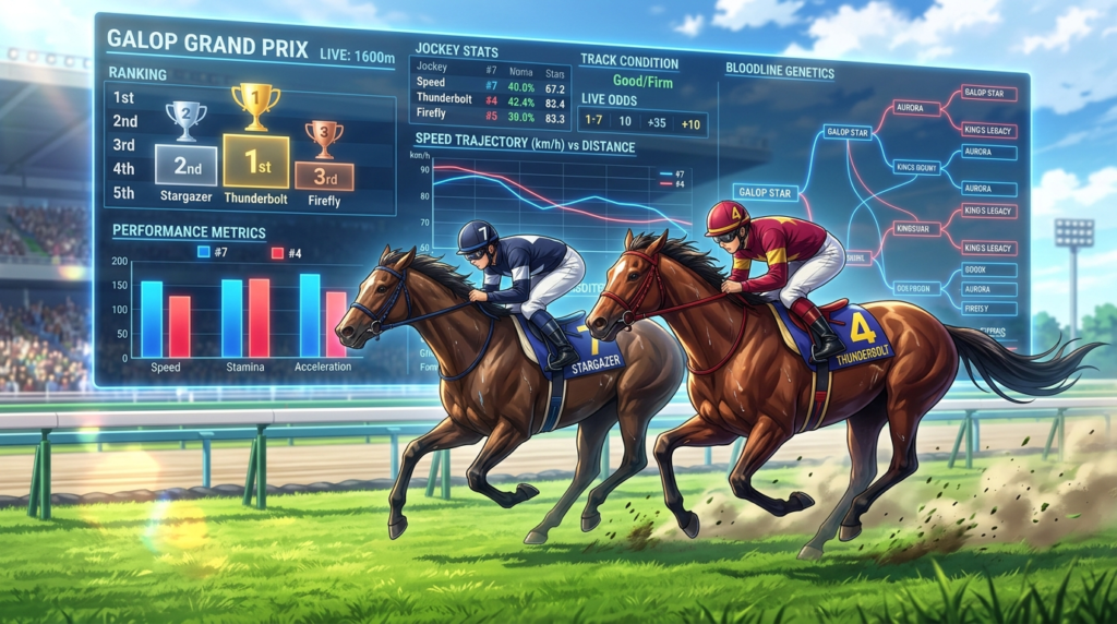 2月28日JRA全場（中山・阪神・小倉）の騎手・血統データを示すホログラフィックパネルと、躍動する競走馬2頭を組み合わせたイラスト。データと競馬の融合をイメージしたシネマティックな構図