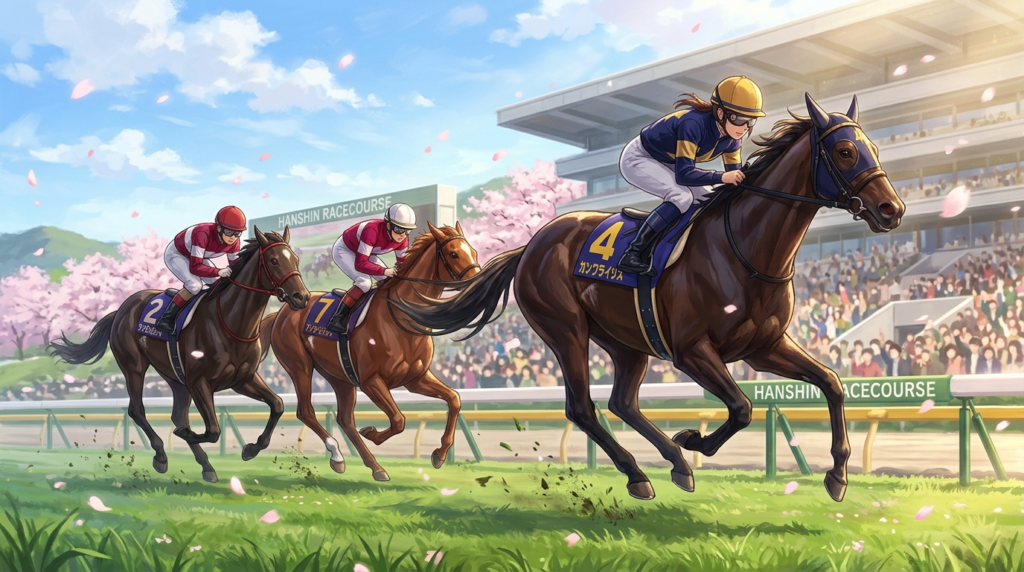  チューリップ賞2026のイメージイラスト。阪神競馬場の芝1600m直線で桜の花びらが舞う春の情景の中、3頭の牝馬が激しく競り合うシネマティックなアニメ風イラスト。