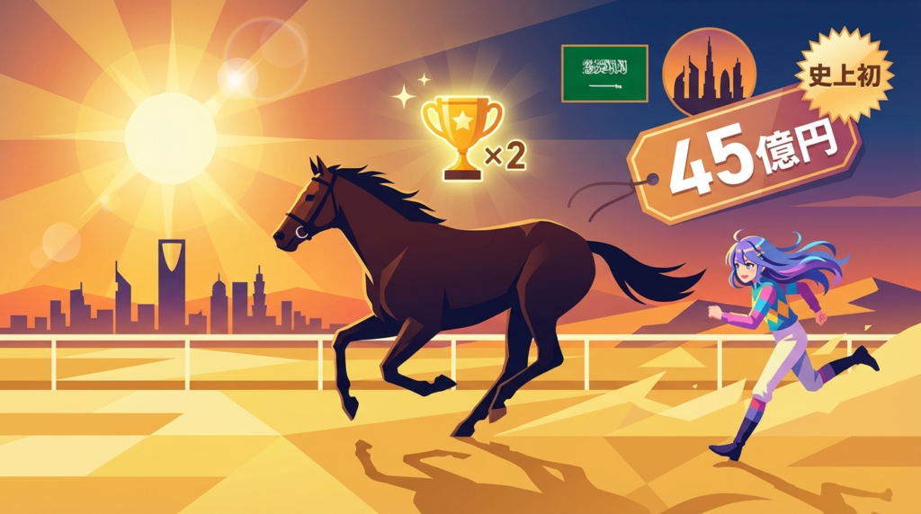砂漠のコースを疾走するフォーエバーヤングとウマ娘キャラが並ぶ史上初連覇・45億円・ドバイ参戦を象徴するエピックなフラットイラスト｜フォーエバーヤング2026年2月最新情報完全まとめ