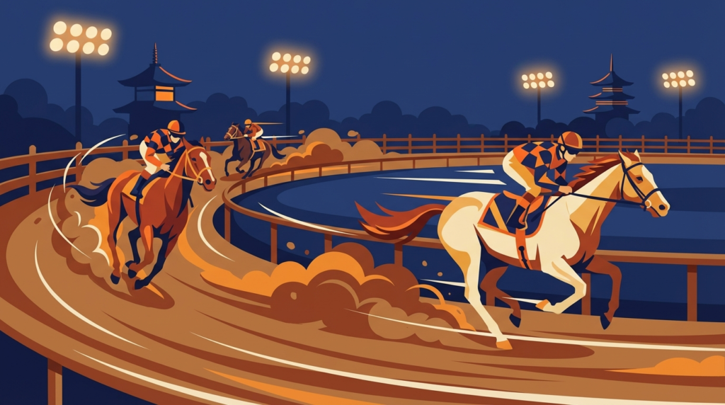 名古屋競馬場のダートコースを力走するサラブレッドたちのイラスト｜かきつばた記念2026イメージ