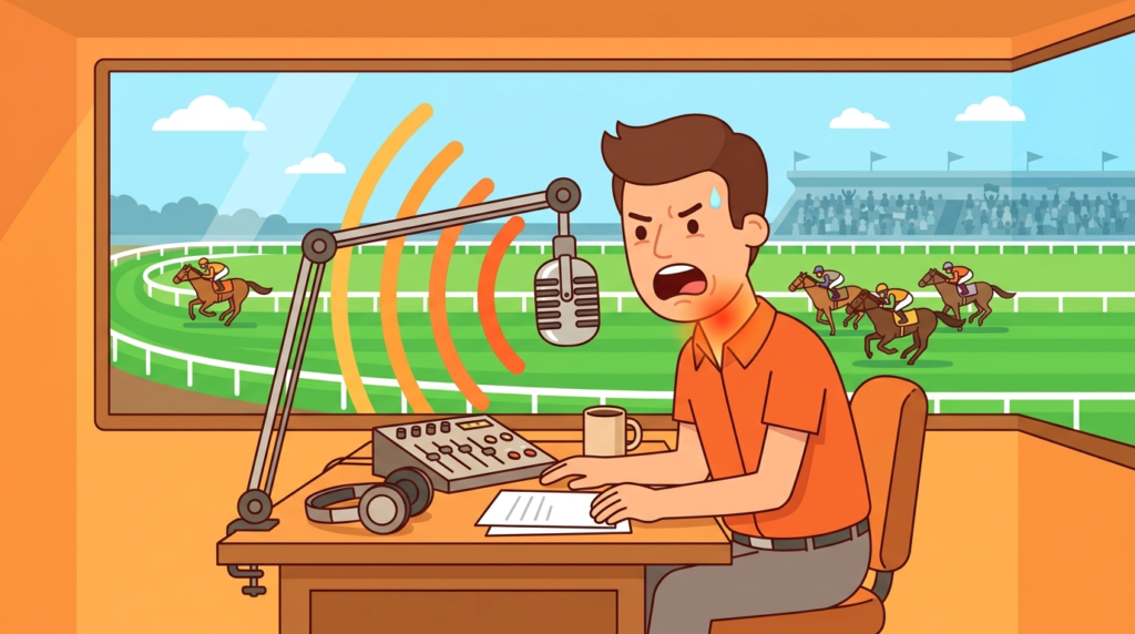 小倉競馬場の実況ブースでマイクに向かうアナウンサーのイラスト。喉の疲労をイメージした声枯れ表現。
