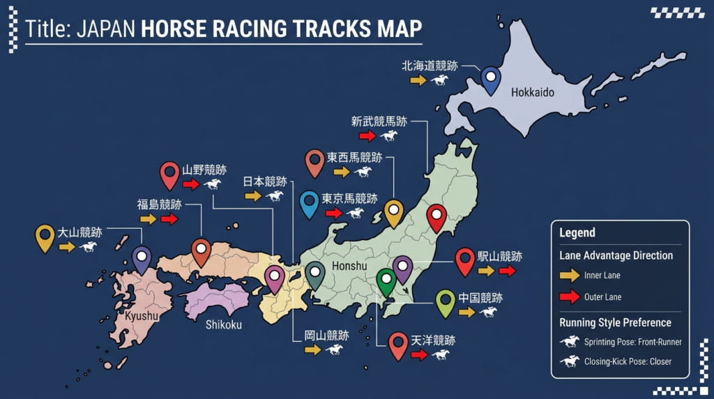 日本地図に地方競馬全15場の特徴（枠順・脚質傾向）をアイコンで示したイラスト。地方競馬場コース特徴解説記事のヘッダービジュアル。