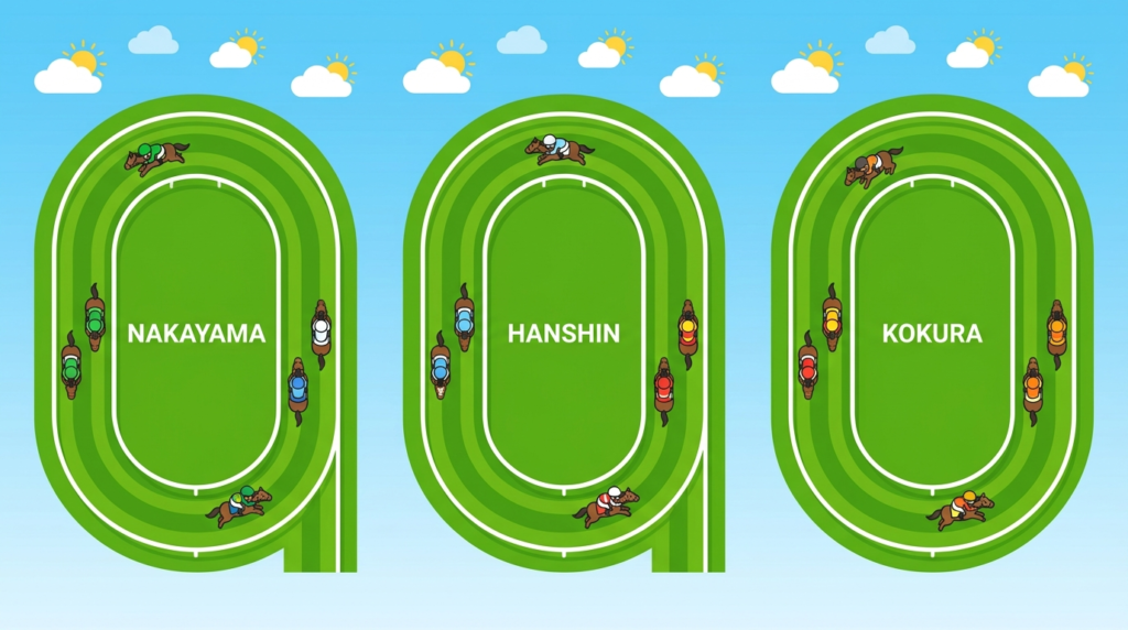 2026年3月1日・中山・阪神・小倉3場の馬場状態と天候をイメージしたイラスト。晴れの競馬場に競走馬が走る俯瞰図。