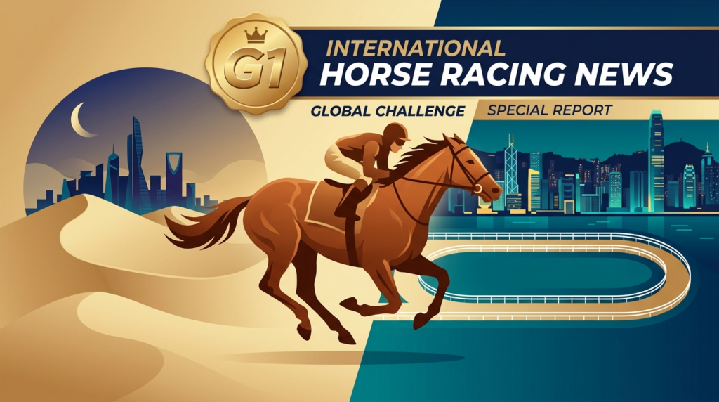 サラブレッドが疾走するイラスト。サウジアラビアのネオムターフC4着後に爪負傷が判明したシンエンペラーが、香港クイーンエリザベス2世C参戦を検討していることを表す競馬ニュースビジュアル。
