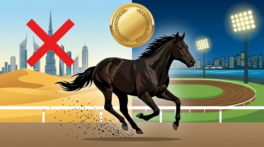 大井競馬場のナイターを背景にサラブレッドが疾走するイラスト。リアライズグリントがUAEダービー招待を辞退し羽田盃Jpn1へ向かう国内専念路線を表現した競馬ニュースビジュアル。
