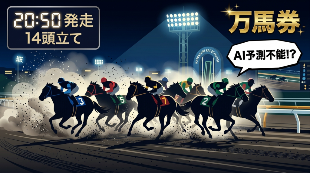 川崎競馬場のナイター照明の下、ダートを疾走するサラブレッドのイラスト。スパーキングナイター2026開幕戦・川崎12Rの万馬券トレンドとAI予想の盲点を表現したニュースビジュアル。