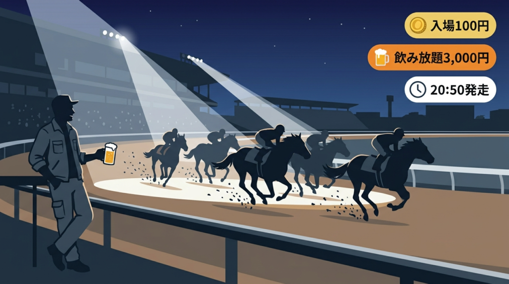  川崎競馬場のナイター照明の下、作業着姿の男性がビール片手にレースを観戦するイラスト。スパーキングナイター2026開幕戦・3月4日の仕事終わり競馬観戦ガイドを表現したビジュアル。