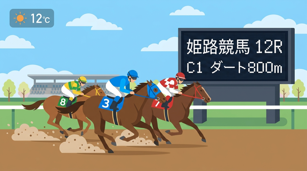 2026年3月4日・姫路競馬12R C1ダート800mのイラスト。
晴れの姫路競馬場で③ゴッドアマベル・⑦エナフクキタルが
先頭を走り⑧アーニャワクワクが追う展開予想図。
春の桜をバックにオッズ画面と気温12℃バッジを配したフラットベクターデザイン。