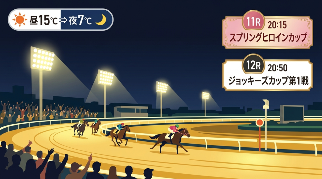 2026年3月4日・川崎競馬スパーキングナイターのフラットベクターイラスト。
ナイター照明が輝く川崎競馬場で11R準重賞スプリングヒロインカップと
12Rジョッキーズカップ第1戦の2レースを紹介。
昼15℃→夜7℃の寒暖差バッジとオッズ画面を配したネイビー×ゴールドの
ナイトレースデザイン。
