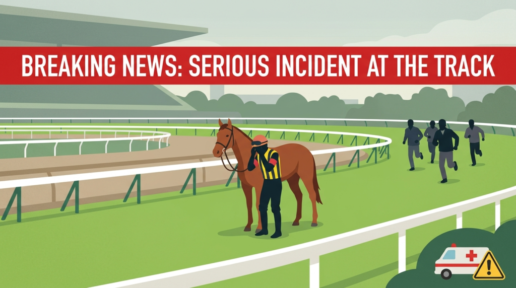 中山競馬場の芝コースで落馬した騎手と馬のそばにスタッフが駆け寄るイラスト。菅原明良騎手落馬速報記事のヘッダービジュアル。