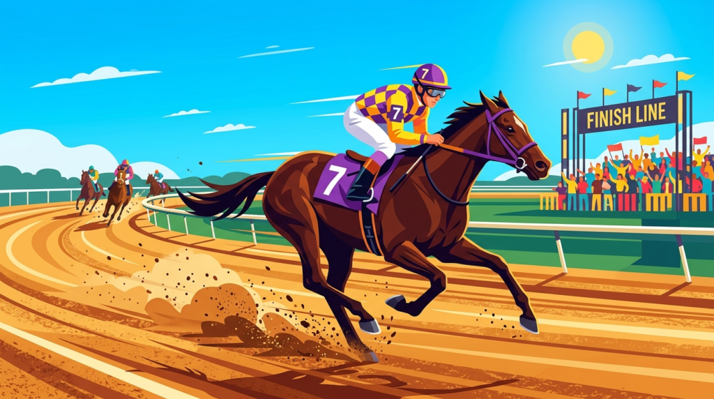 晴天の姫路競馬場でダートを力強く駆け抜ける競走馬と騎手のイラスト