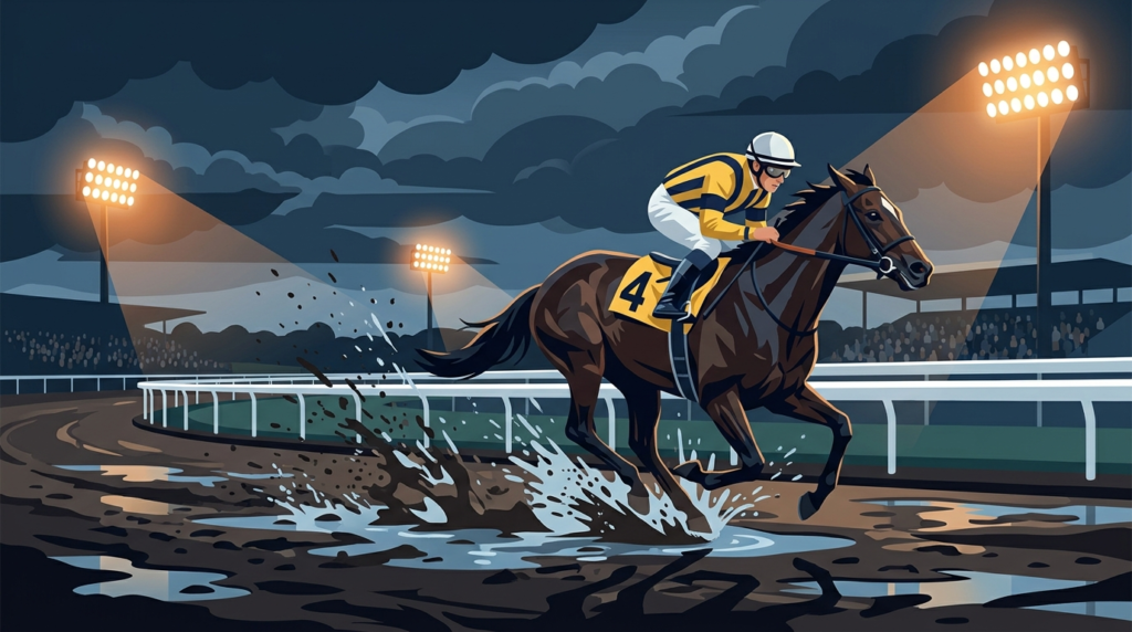  曇り夜の川崎競馬場でウェットなダートコースを駆け抜ける競走馬と騎手のイラスト