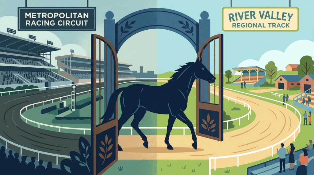 中央競馬から地方競馬へ移籍する競走馬のイラスト