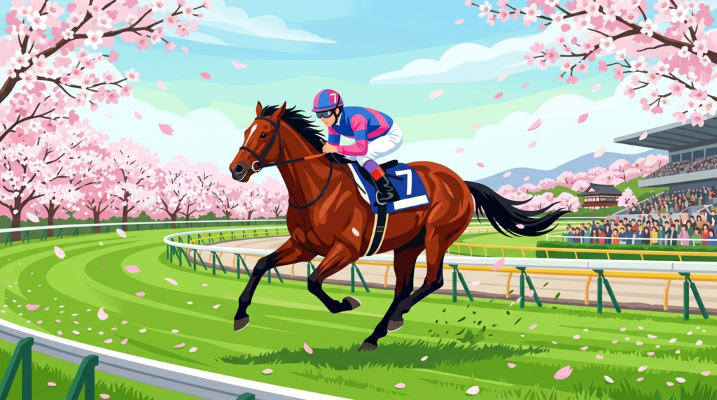 春の中山競馬場で芝コースを力強く駆ける競走馬のイラスト
