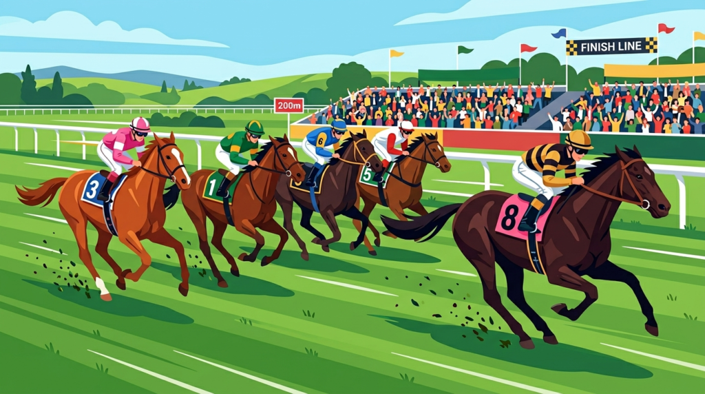 阪神芝1400mで桜花賞切符を懸けて激走する牝馬たちのイラスト