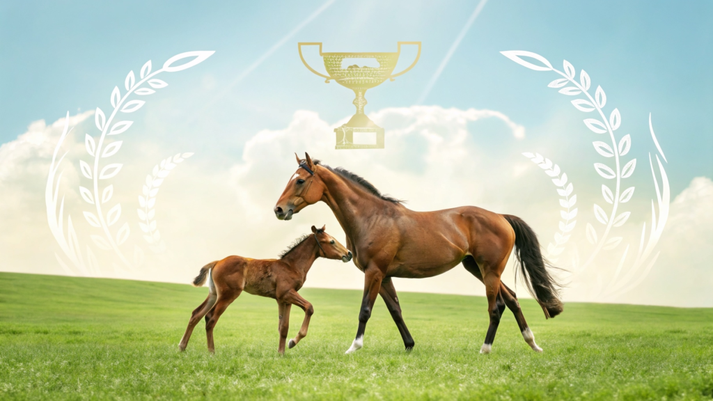 緑の牧場で寄り添う名牝ナミュールとコントレイル産駒の初仔牡馬のイラスト