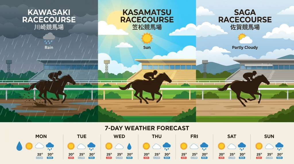 3月6日の川崎・笠松・佐賀の天候と馬場状態を比較した地方競馬解説イラスト