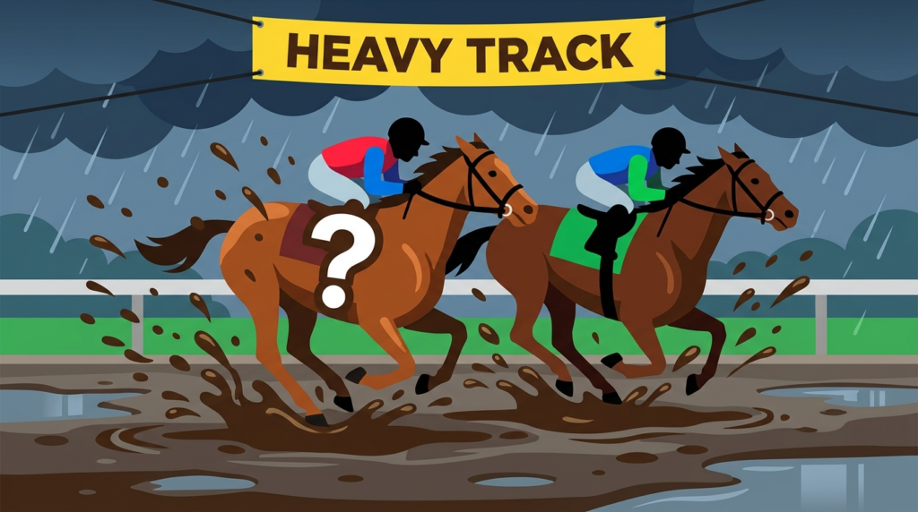 泥んこの重馬場・不良馬場を力強く走る競走馬のイラスト。高知・佐賀競馬の道悪馬場と穴馬予想記事のヘッダービジュアル。