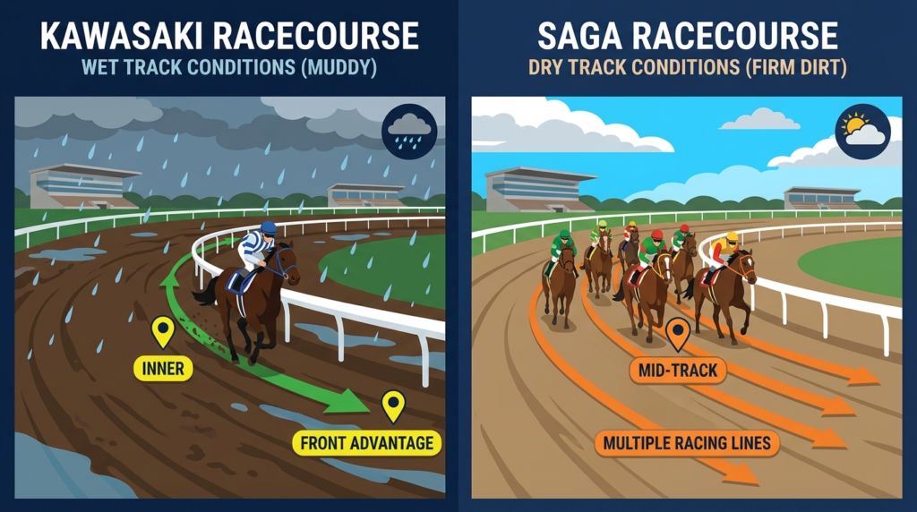 3月6日の川崎競馬（重馬場・逃げ先行有利）と佐賀競馬（良馬場・先行有利）のトラックバイアスを比較した分析イラスト