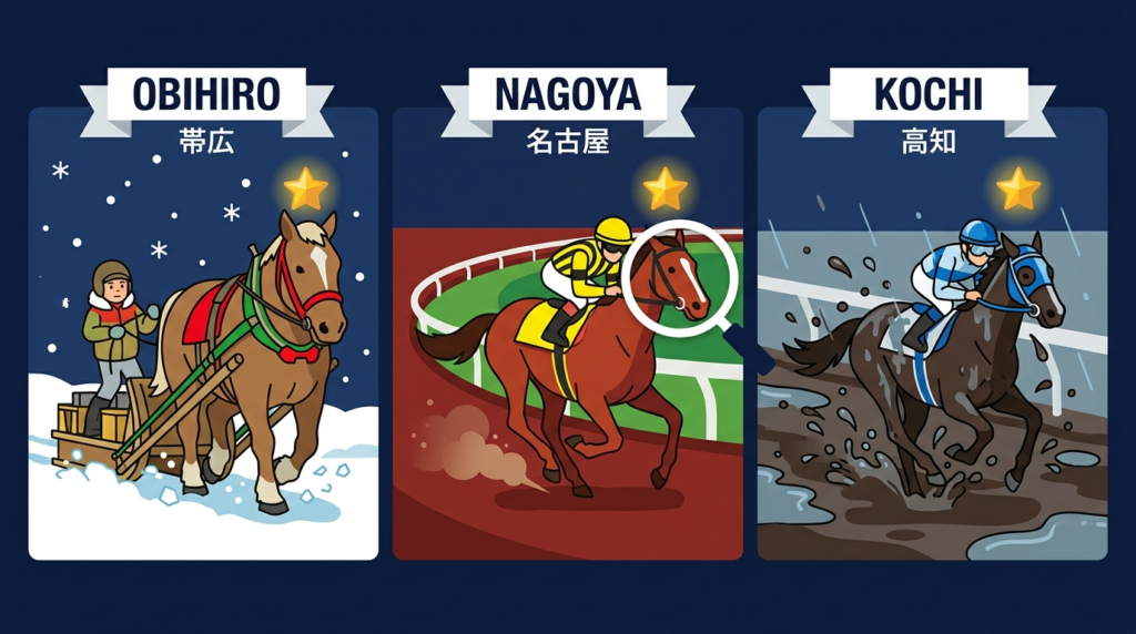 帯広・名古屋・高知3場の競走馬を比較した予想分析イラスト。前走不利から激走馬を見つける地方競馬予想記事のヘッダービジュアル。