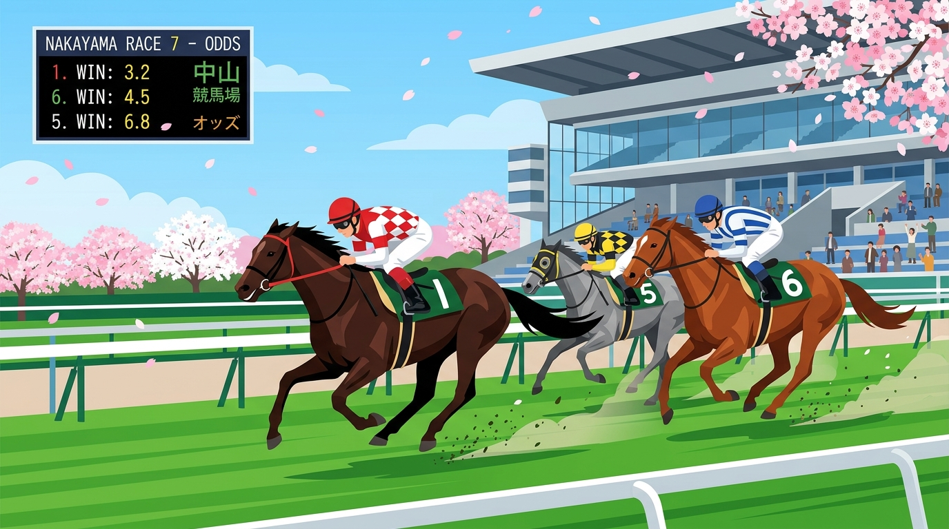 2026年3月8日中山競馬・弥生賞G2を中心に6R・9R・11Rの軸馬と買い目を解説した競馬予想記事のヘッダーイラスト。春の中山芝コースを疾走する3頭のサラブレッドのフラットデザイン。