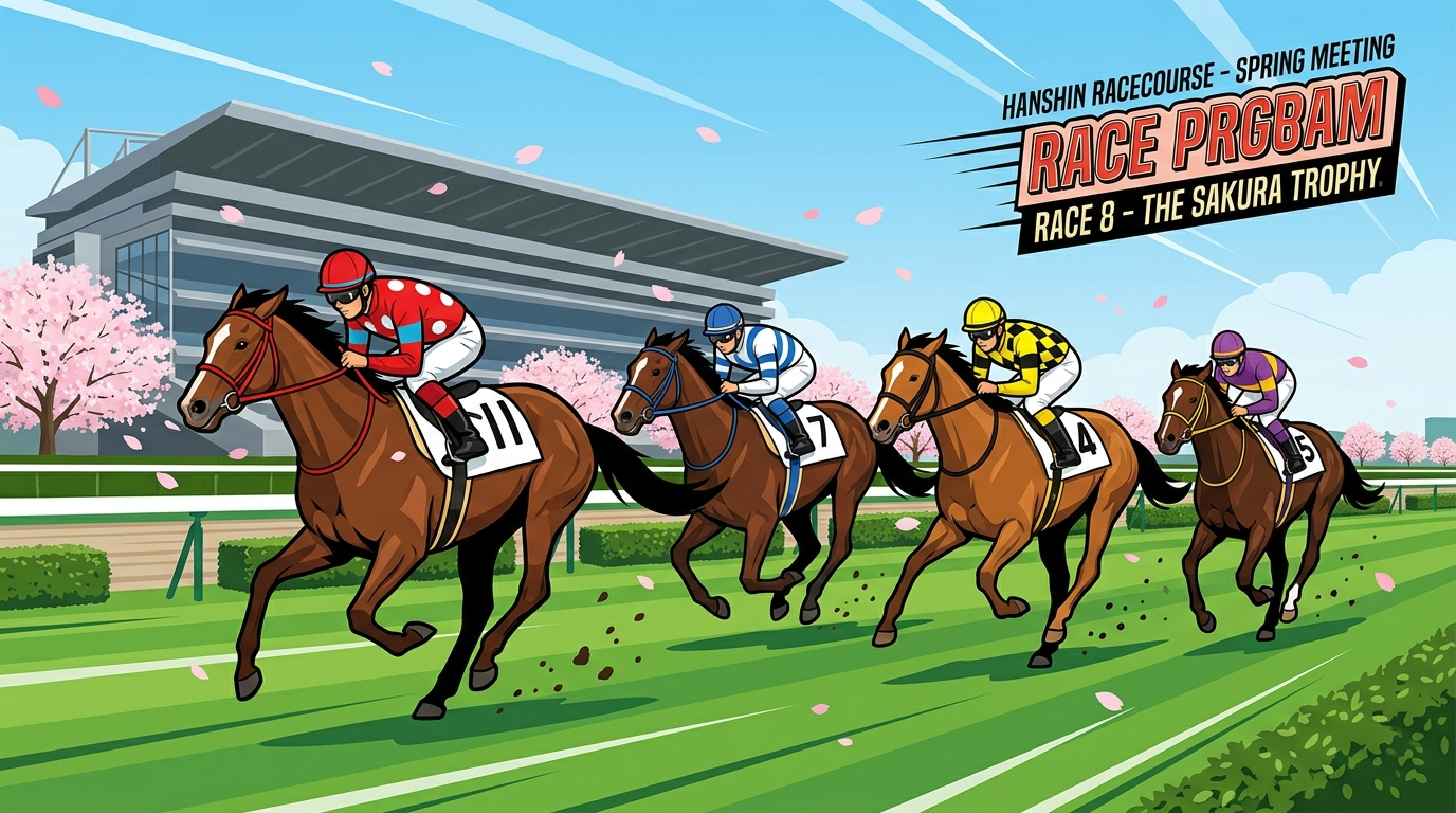 2026年3月8日阪神競馬・岸和田ステークス・大阪城ステークスを中心に全4レースの軸馬と買い目を解説した競馬予想記事のヘッダーイラスト。春の阪神芝コースを疾走する4頭のサラブレッドのフラットデザイン。