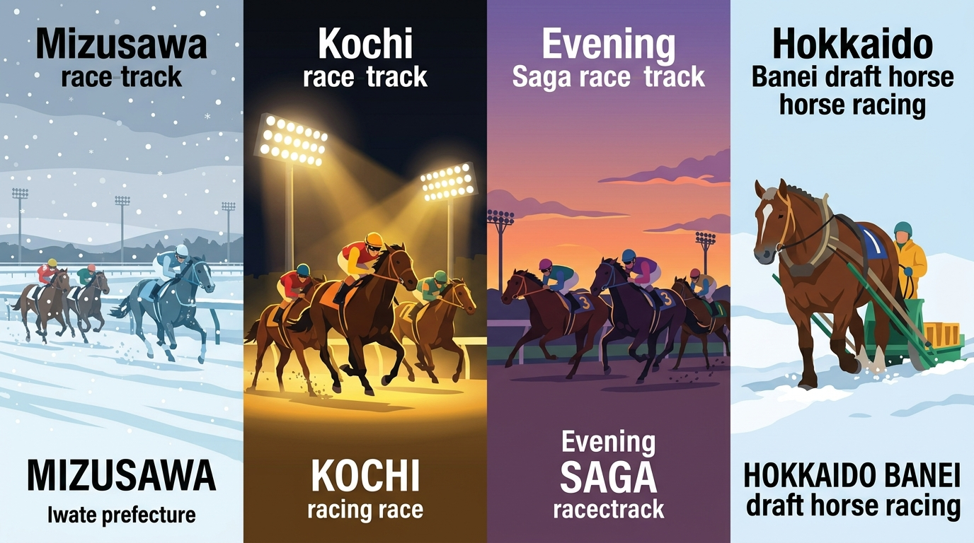 水沢・高知・佐賀・帯広ばんえいの4場をイメージしたフラットイラスト。雪の岩手、ナイター高知、夜の佐賀、北海道ばんえいの競馬シーンが並ぶ。