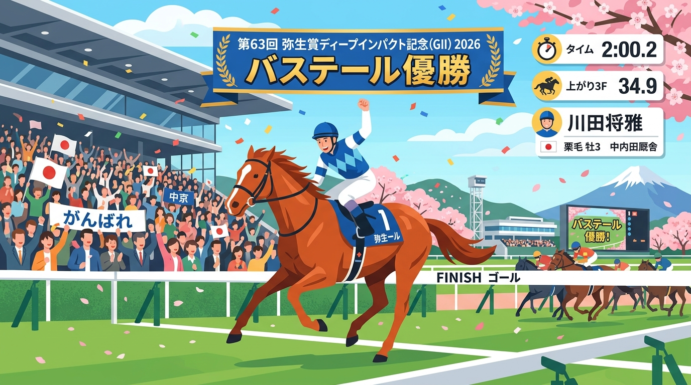 2026年弥生賞ディープインパクト記念をバステール（川田将雅騎乗）が制した瞬間と勝ちタイム・ラップデータを示すフラットデザインイラスト