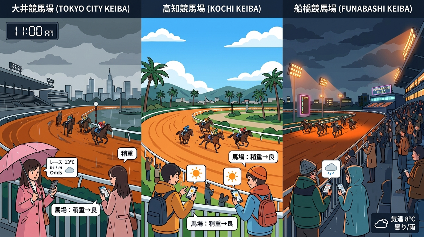 2026年3月9日開催・大井競馬（曇り/稍重）・高知競馬（晴れ/重→回復）・船橋競馬（夜間曇り/稍重）の3場天候・馬場状態を比較したイラスト図解