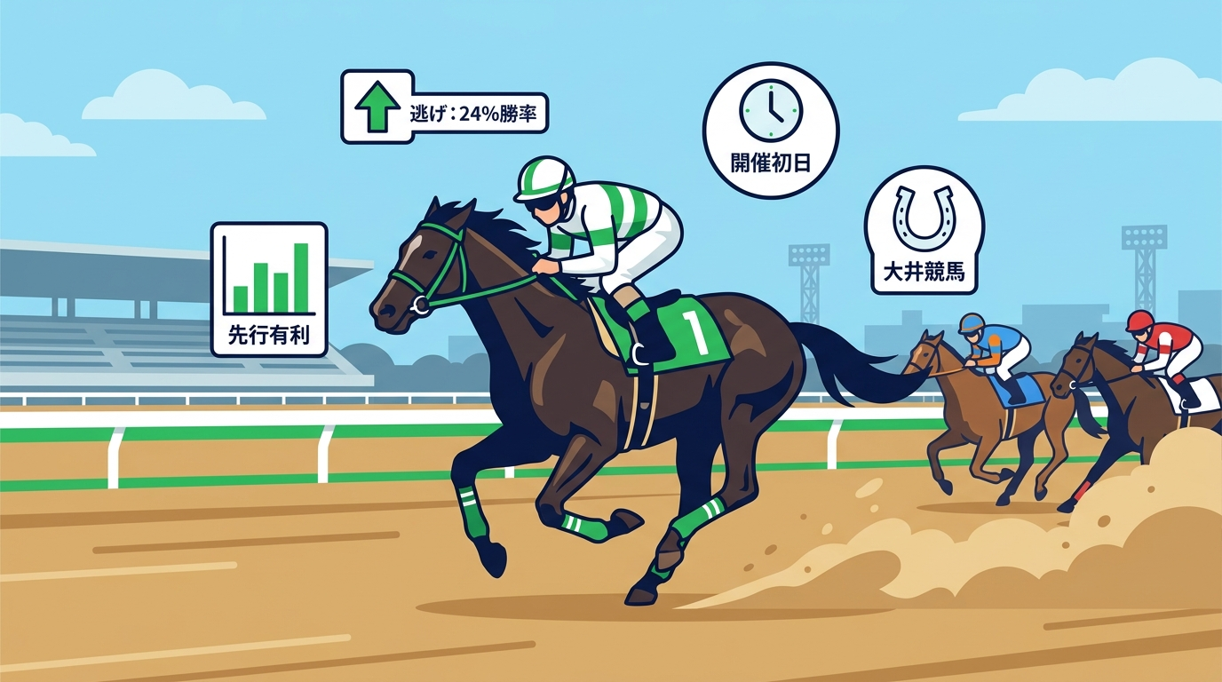 大井競馬の週初め・開催初日における逃げ・先行馬有利の馬場傾向を、レースシーンと脚質データアイコンで表現したフラットデザインのイラスト。