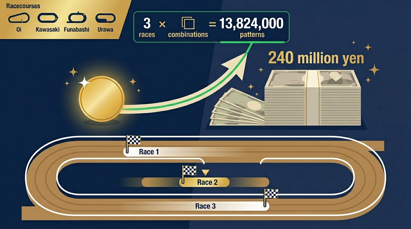 50円硬貨が矢印で2億4000万円の札束につながるイラスト。南関競馬トリプル馬単の3レース構造と最大1382万通りの組み合わせ数を示すインフォグラフィック風デザイン。
