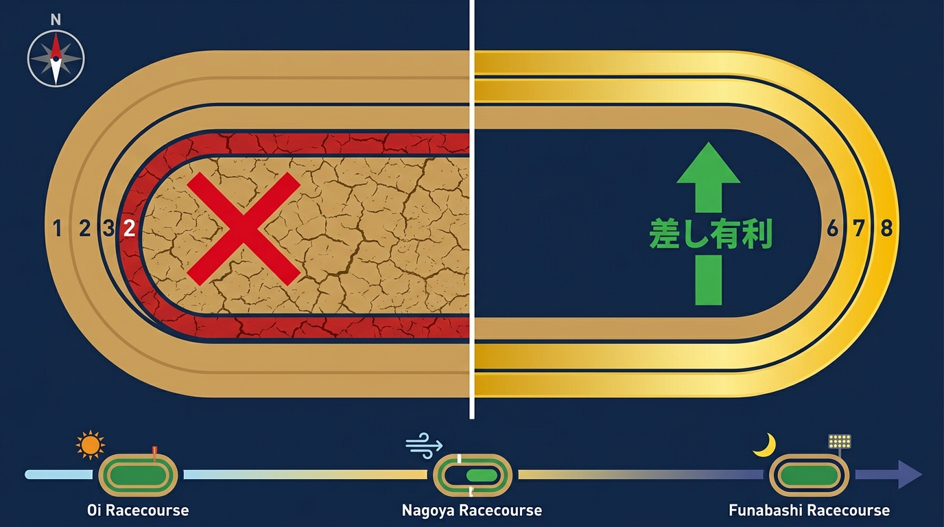 大井競馬の内枠（1〜3番）に赤いバツ印、外枠（7〜8番）に金色の上向き矢印が示されたトラックバイアス解説イラスト。下部に大井・名古屋・船橋の3競馬場アイコンが朝から夜へと資金リレーの流れで並んでいる。
