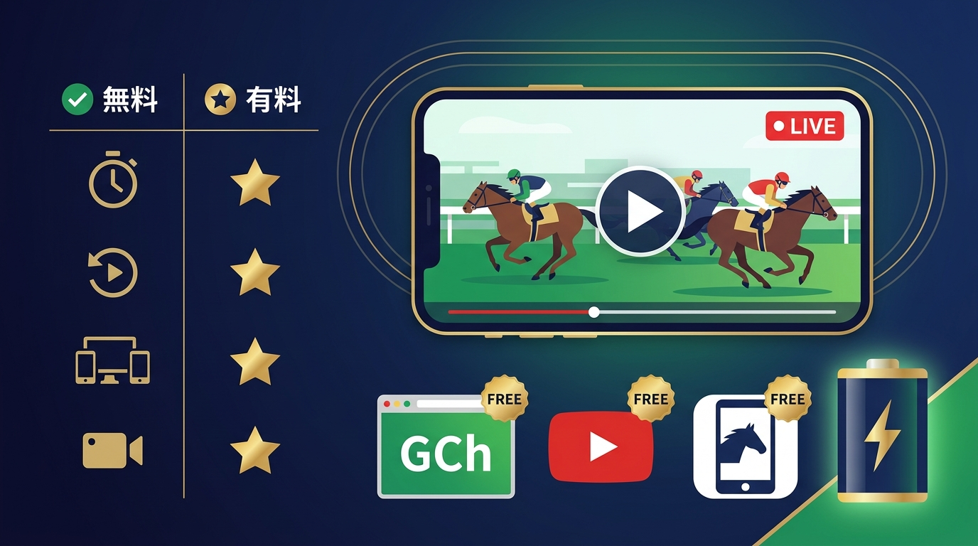 JRAグリーンチャンネル無料配信解禁を示すイラスト。中央にLIVEバッジ付きのスマートフォン競馬中継画面、下部にグリーンチャンネルWeb・YouTube・JRAアプリの3プラットフォームアイコン（FREEバッジ付き）、左側に無料版と有料版の機能比較パネル、右下に大容量モバイルバッテリーのアイコンが配置されている。