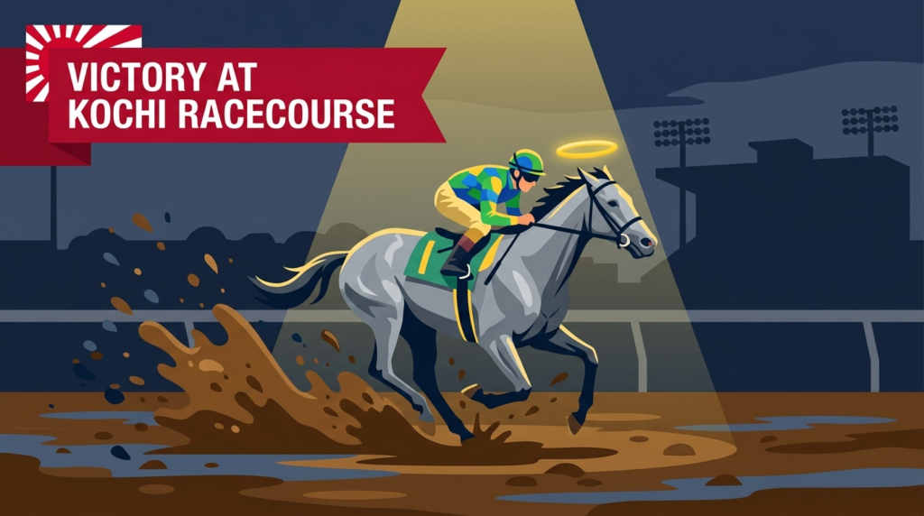 泥だらけのダートコースを力強く駆け抜ける芦毛馬のイラスト。高知競馬四十寺山特別・デルマアズラエル本命予想記事のヘッダービジュアル。